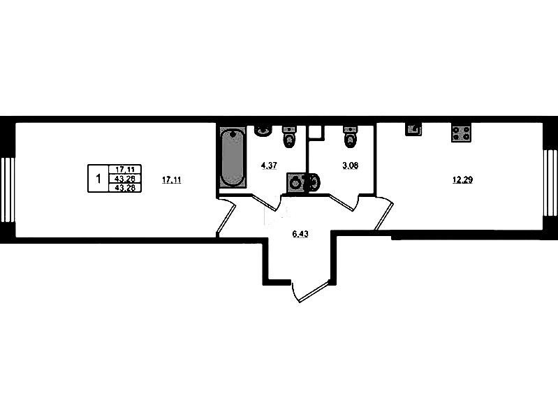 1-комнатная квартира 43.28 м², 1/5 эт., ЖК «Plus Пулковский»